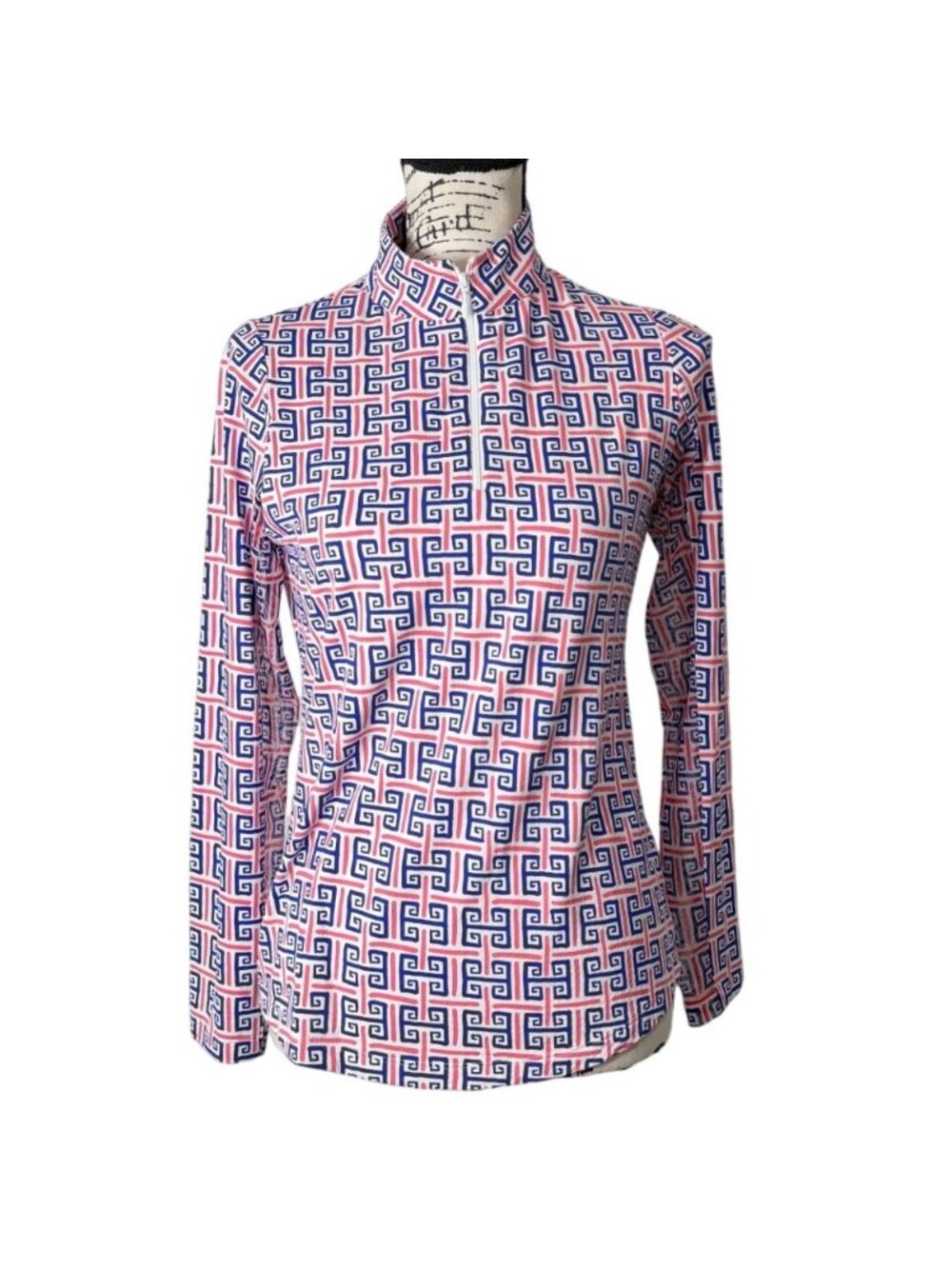 IBKUL Womens XS Top 1/4 Zip Long Sleeve Geometric Pink Blue Sun-Shirt